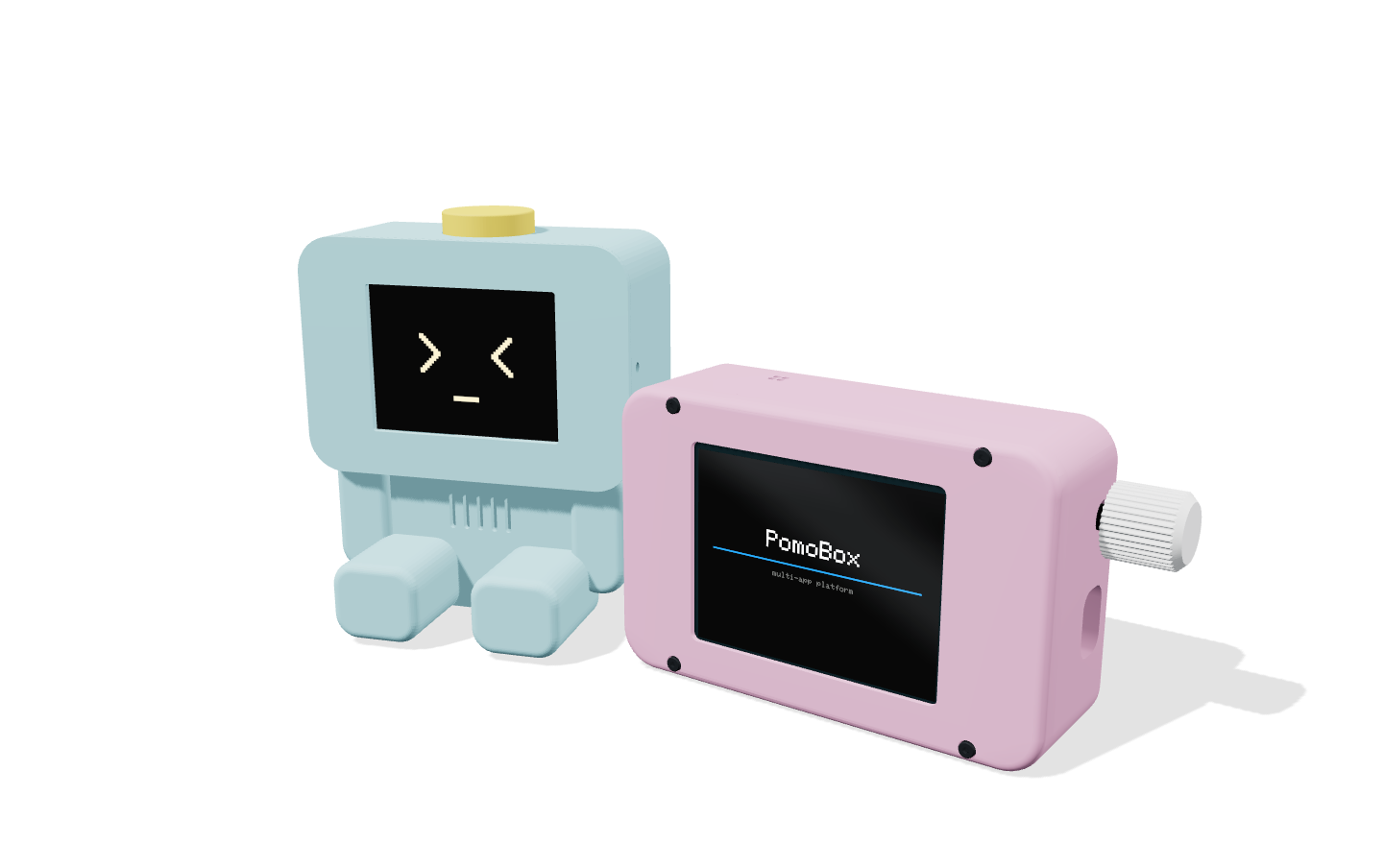 Blue seated Liar Liar with a yellow head button beside pink PomoBox showing its startup screen