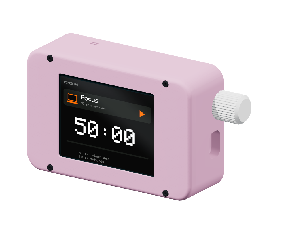 Boxy PomoBox with a front display and side knob, rendered from the Zero Mobile assembly