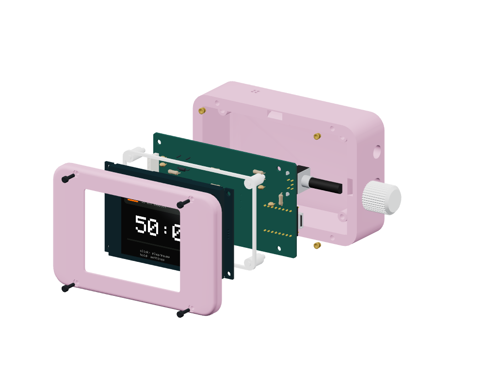 Exploded PomoBox assembly showing its pink enclosure, screen, circuit board, knob, supports, and fasteners.